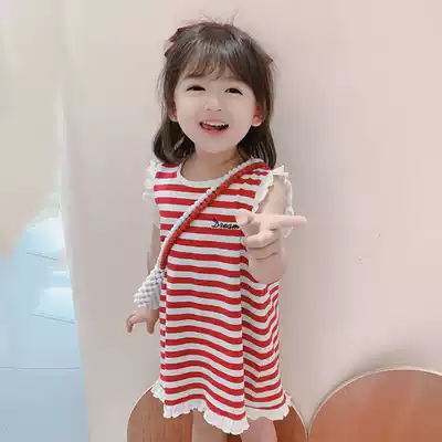 Tide brand girl stripe sling vest dress 2021 summer new female baby sleeveless princess dress