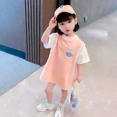 Tide brand girl dress summer dress 2021 New Tide children princess dress girl baby fake two piece cotton baseball skirt