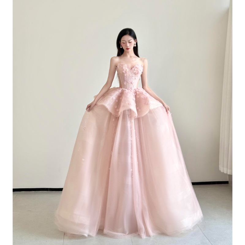 Strapless Evening Dress, Sweet Aesthetic Student Coming-Of-Age Ceremony Princess Dress, Pink Robe, Female Bride Engagement Wedding Toast Dress