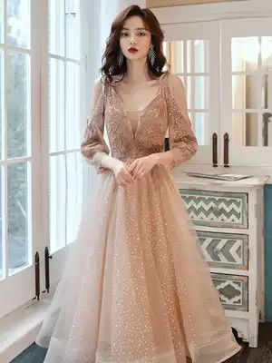 Champagne evening dress female temperament celebrity sexy suspenders to participate in the wedding dress fairy dream senior bridesmaid