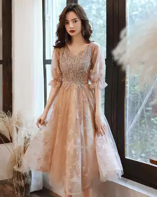 Champagne evening dress female high-end banquet temperament noble socialite bridesmaid skirt high-end texture small man