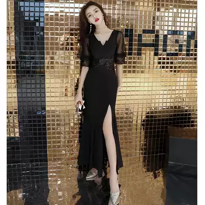 Black evening dress women can usually wear summer dinner party temperament host fishtail skirt light luxury niche high-end long version
