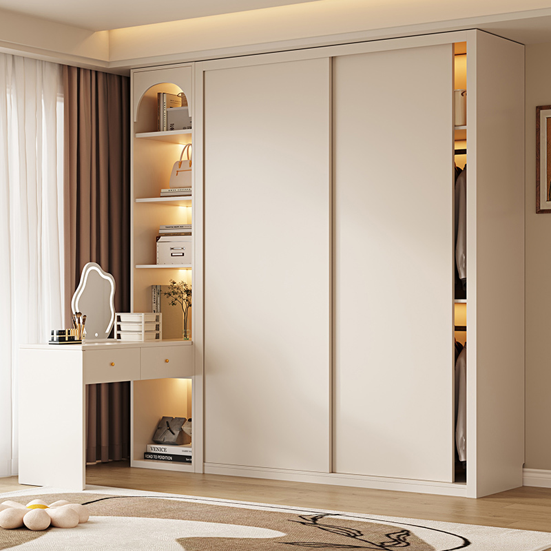Cream-Style Solid Oak Sliding Door Wardrobe, Simple Modern Bedroom Home Storage Cabinet, Sliding Door Large Wardrobe