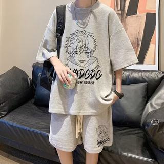 华夫格短袖T恤套装男夏季2025新款青少年薄款宽松休闲运动一整套