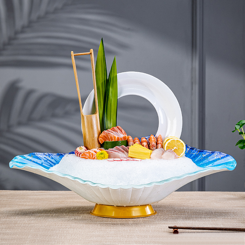 High-end salmon sashimi plate platter dry ice creative tableware seafood plate fish carving plate stingy special plate plate