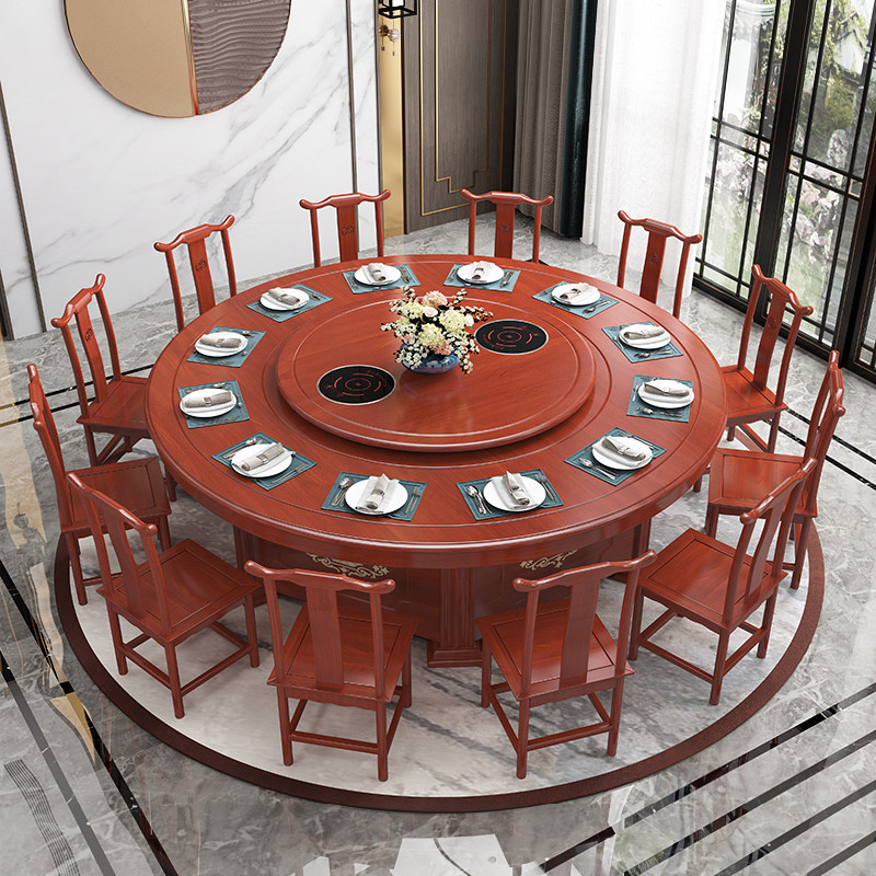 Hotel electric dining table 20 people new Chinese solid wood large round table hotel dining room clubhouse hot pot household dining table for 18 people