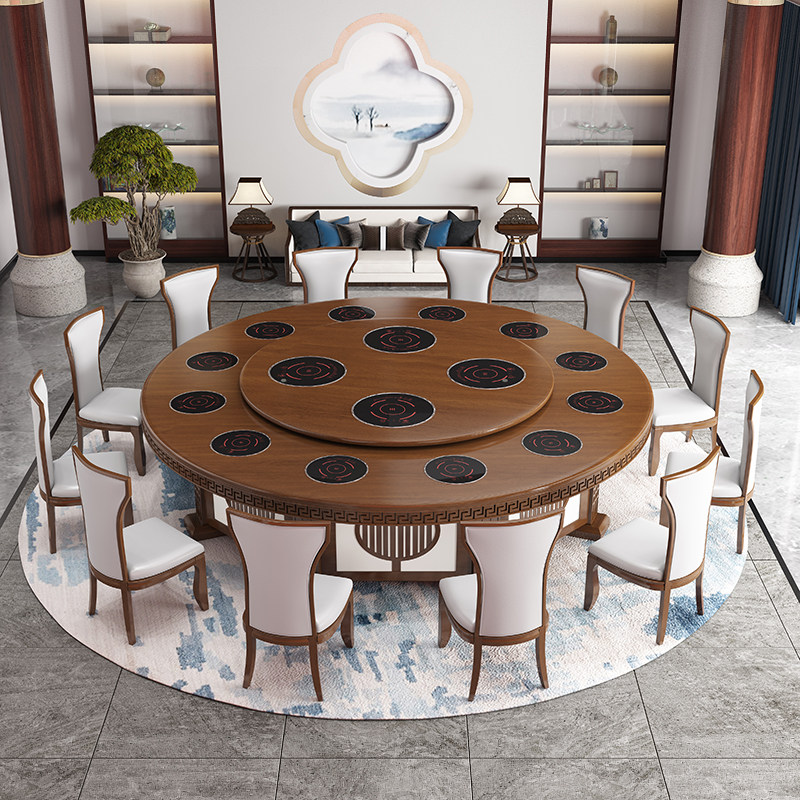 Hotel electric dining table and chair combination solid wood new Chinese-style household large round table hotel box banquet revolving hot pot table