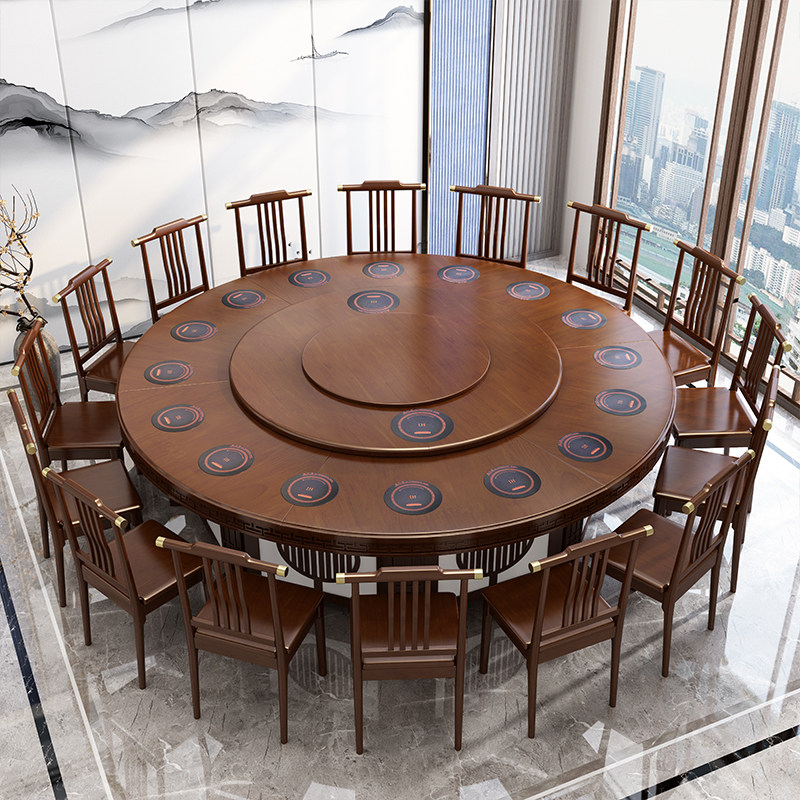 Solid wood new Chinese hotel electric dining table and chairs 18 people 20 people hotel box carved with rotating hot pot big round table