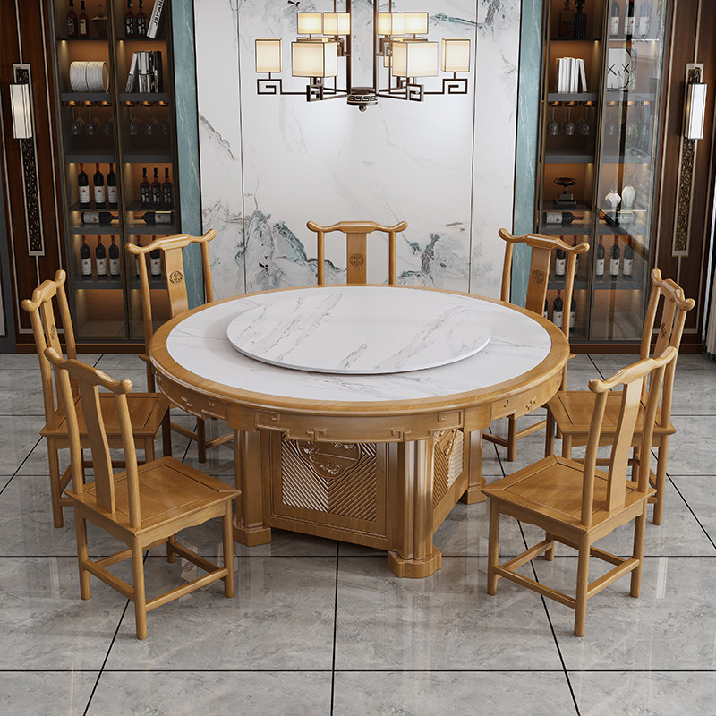 Solid wood dining table and chair combined 8 people light luxury rock table household modern minimal round marble round table