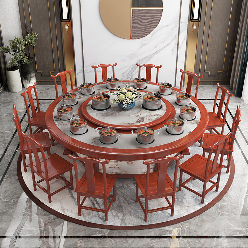New Chinese hotel solid wood electric dining table and chair combination hotel box dining room hot pot table 15 people 20 people large round table