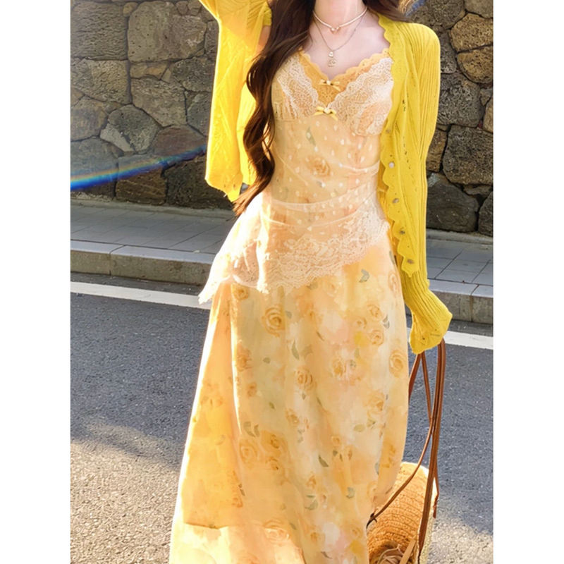 Tea Break French-Style Atmosphere Yellow Lace Floral Spaghetti Strap Dress Women's Summer Elegant Waist-Slimming Long Dress Set