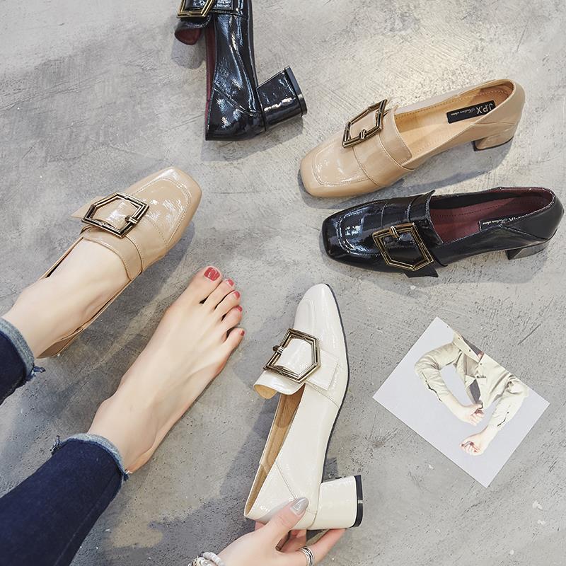 Tide brand 2022 spring single shoes leather British style casual small leather shoes Korean version fashion shallow mouth thick heel high heels women