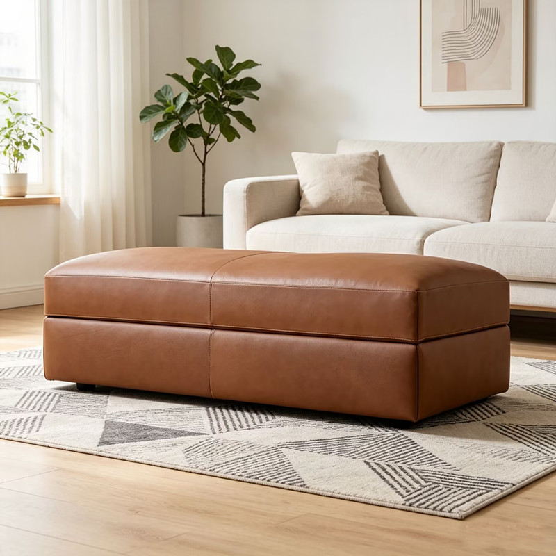 Nordic Minimalist Genuine Leather Shoe-Changing Bench, Living Room Sofa Footstool, Brown Clothing Store Fitting Room Stool, Bed End Bench