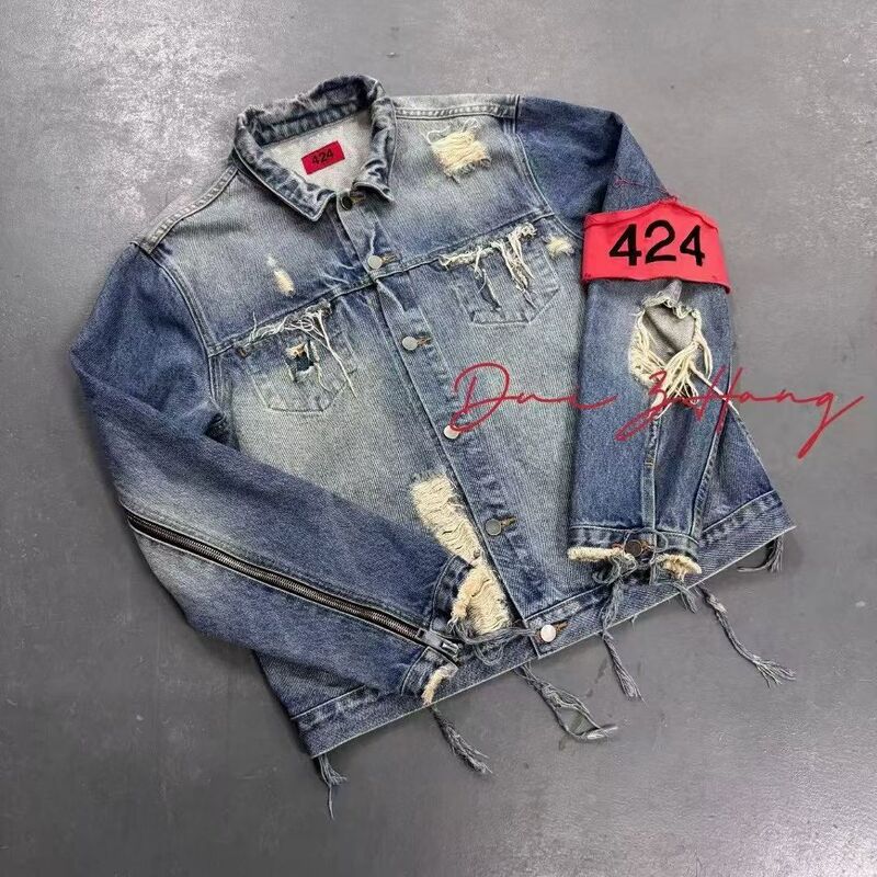 In Stock and Shipped Immediately! Captain Lucas's Original 424 Fairfax 2015 Og Distressed Fringed Blue Denim Jacket