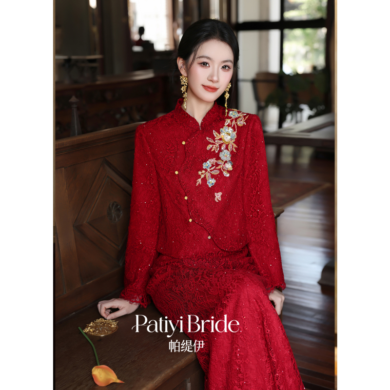 Patyi [Xingyao] Red Engagement Dress Long-Sleeved Lace Female Bride's Toast Dress Winter New Chinese-Style Wedding Dress