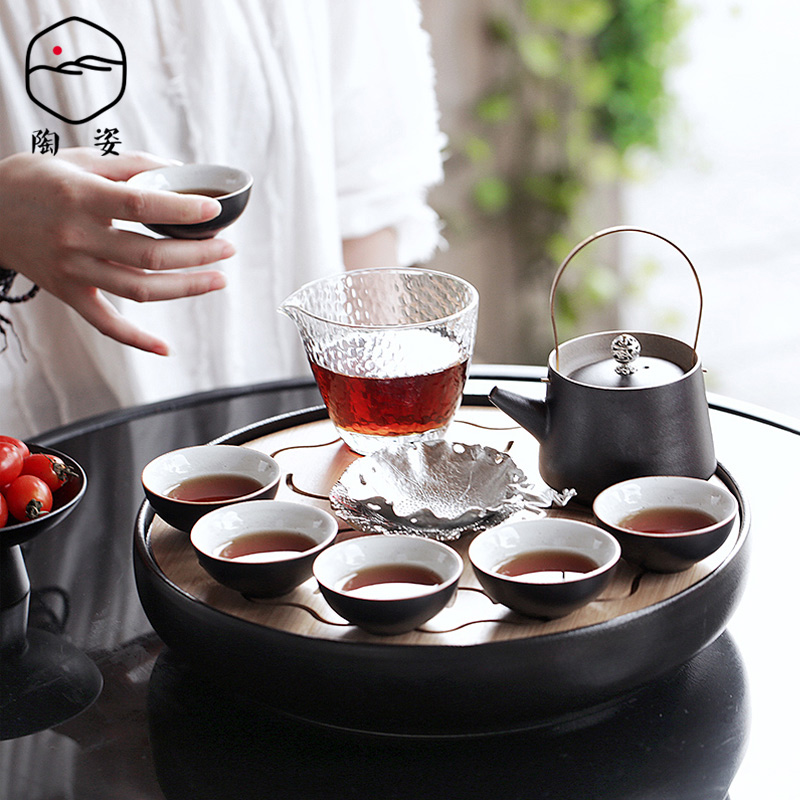 Japanese kung fu tea set suit, black pottery side girder teapot home office of a complete set of contracted small ceramic tea tray