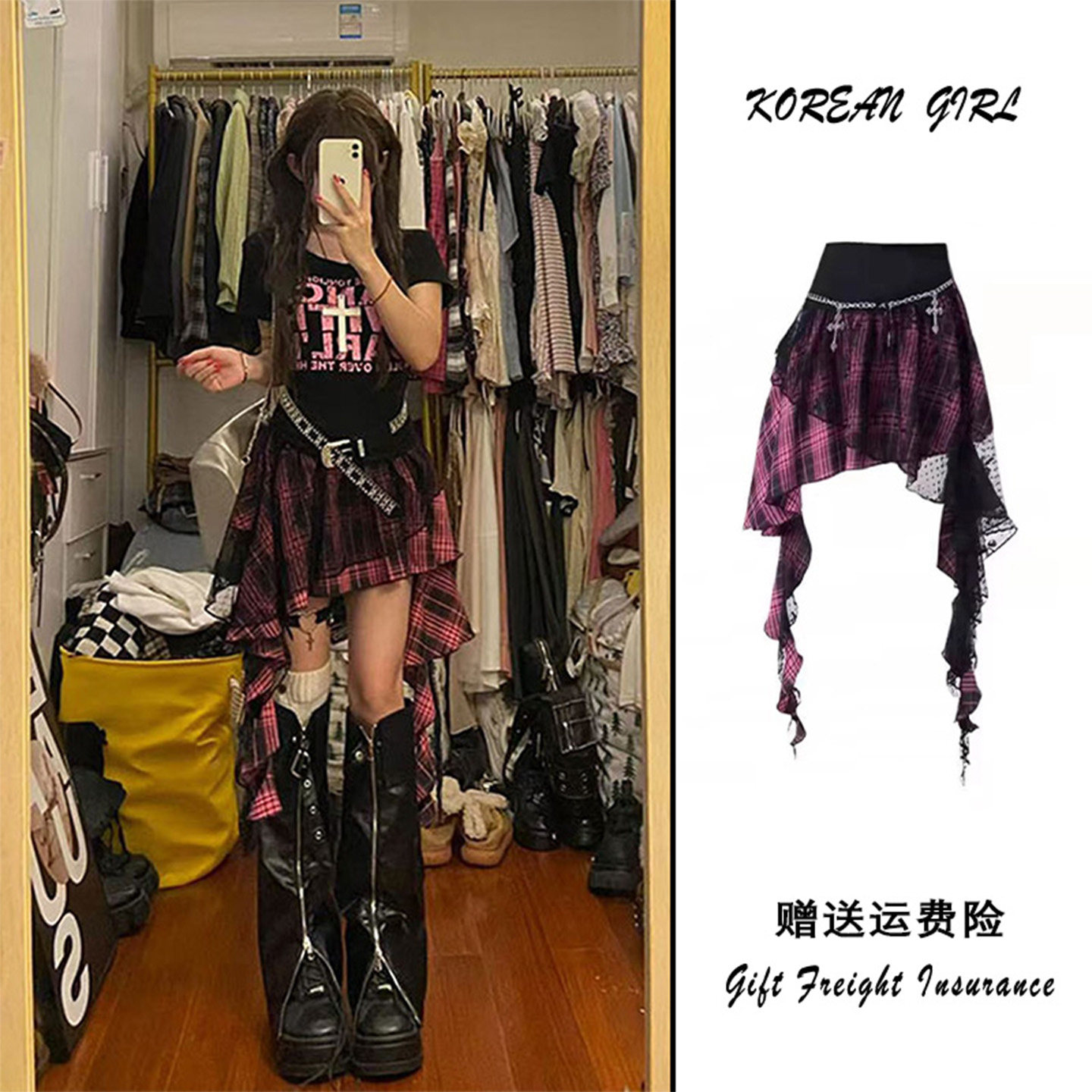 y2k Hot Girl irregular checkered skirt for women, summer light Asian punk style lace patchwork short skirt and half skirt