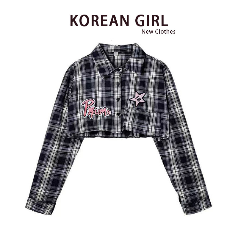 Y2K Hot Girl Retro Plaid Shirt Jacket Women's Summer Thin Design Letter Short Sun Protection Shirt