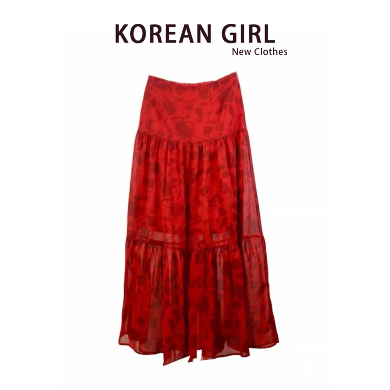 French-Style Retro Red Floral Print Skirt for Women, Autumn Vibe, High-Waisted, Slightly Sheer, Hip-Covering A-Line Tiered Long Skirt