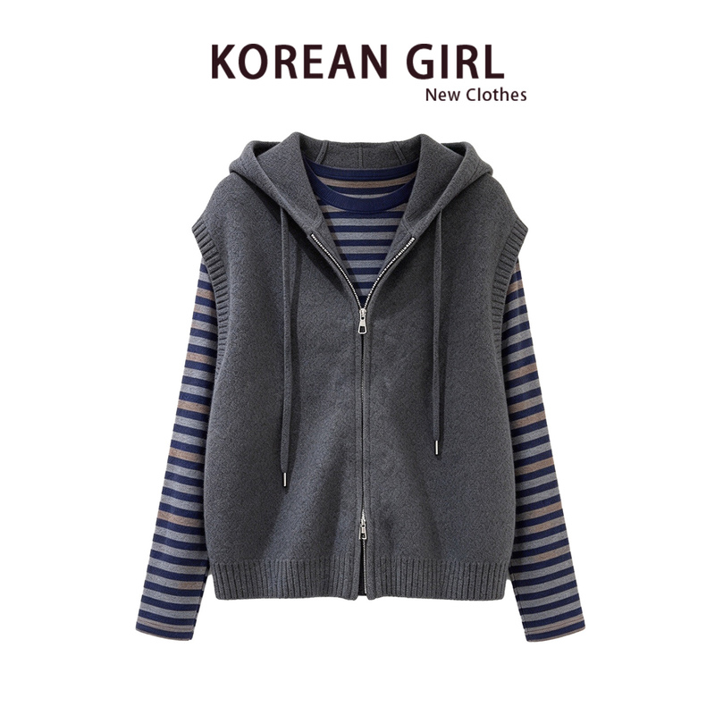 Casual Striped Long-Sleeve Knit Sweater for Women, Autumn 2026 New Korean Style Casual Hooded Sweater Vest Set Casual Striped Long-Sleeve Knit Sweater for Women, Autumn 2026 New Korean Style Casual Hooded Sweater Vest Set
