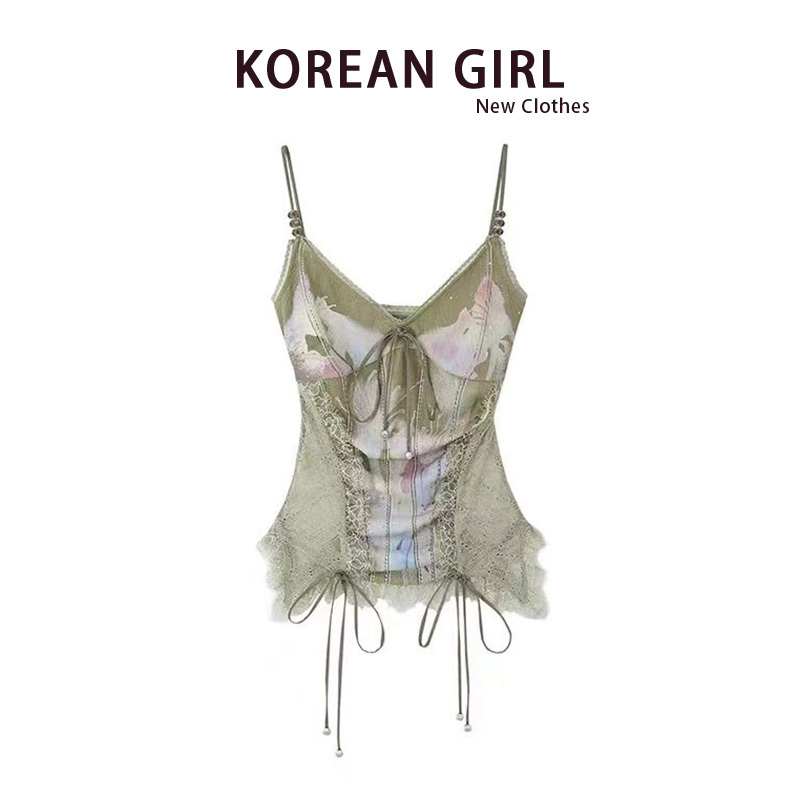 Y2K Millennial Hot Girl Heavy Lace Patchwork Beaded Camisole Women's Summer Pure Desire Slim Fit Tie-Up Top ins