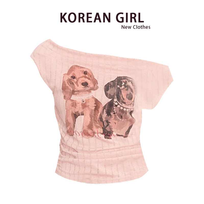 American-Style Girl Print Off-Shoulder Summer Puppy Print Drop-Shoulder Slim-Fit Short-Sleeve T-Shirt for Women, Summer Y2K Spicy Girl Short Top