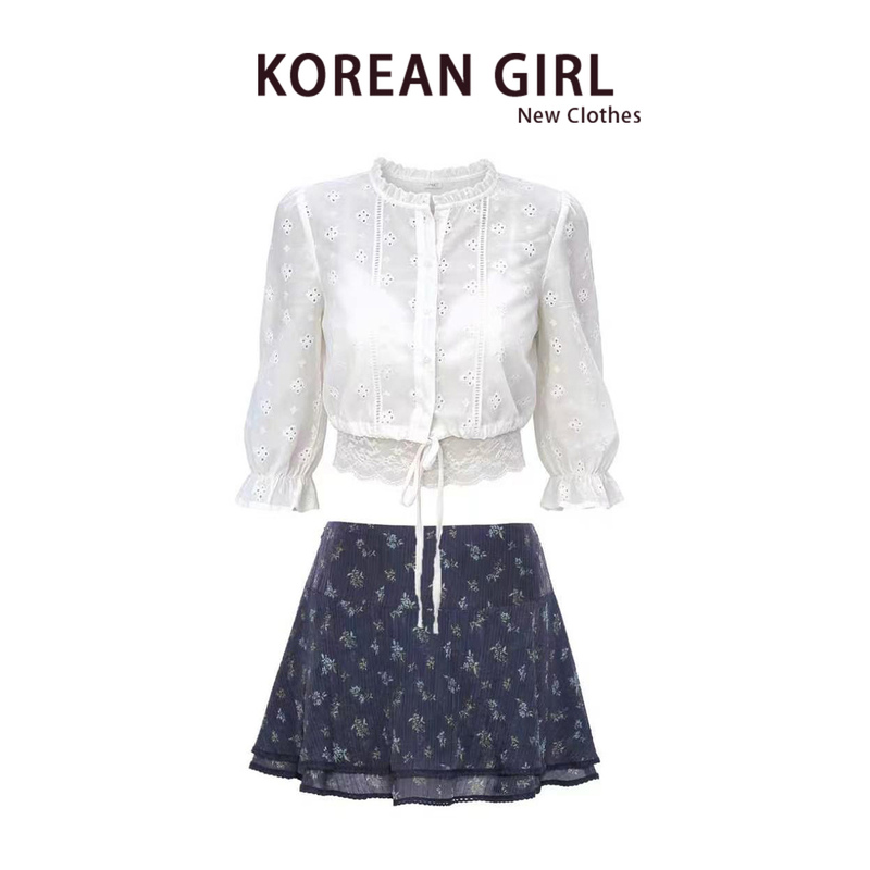 Korean-Style Gentle Outfit Set for Women 2026 Summer Stunning Hollow Lace Shirt Slimming Floral Short Skirt Set