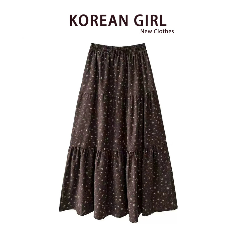 French Retro Coffee-Colored Floral Skirt for Women, Autumn and Winter Pastoral Style High-Waisted A-Line Mid-Length Skirt, Tiered Umbrella Skirt