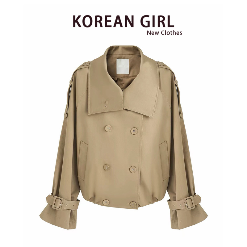 Khaki Double-Breasted Lapel Trench Coat Jacket for Women, Early Autumn, High-End Feel, Loose Fit, Short Style for Petite Figures Khaki Double-Breasted Lapel Trench Coat Jacket for Women, Early Autumn, High-End Feel, Loose Fit, Short Style for Petite Figures
