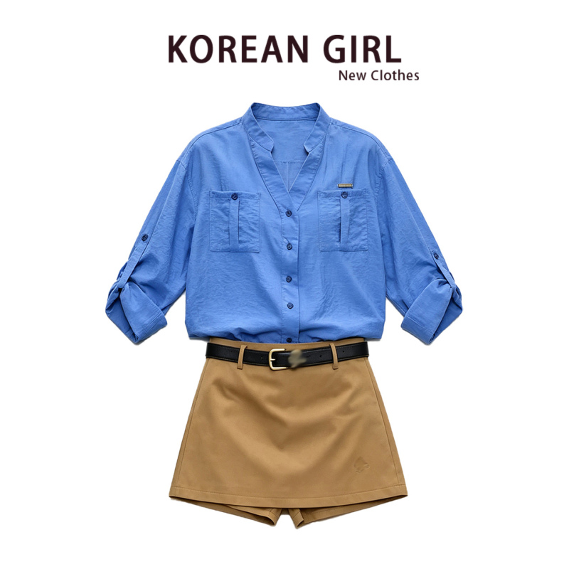 High-End Klein Blue Shirt Suit for Women, Summer Style, Loose-Fitting Sun Protection Shirt, Khaki Short Skirt Two-Piece Set