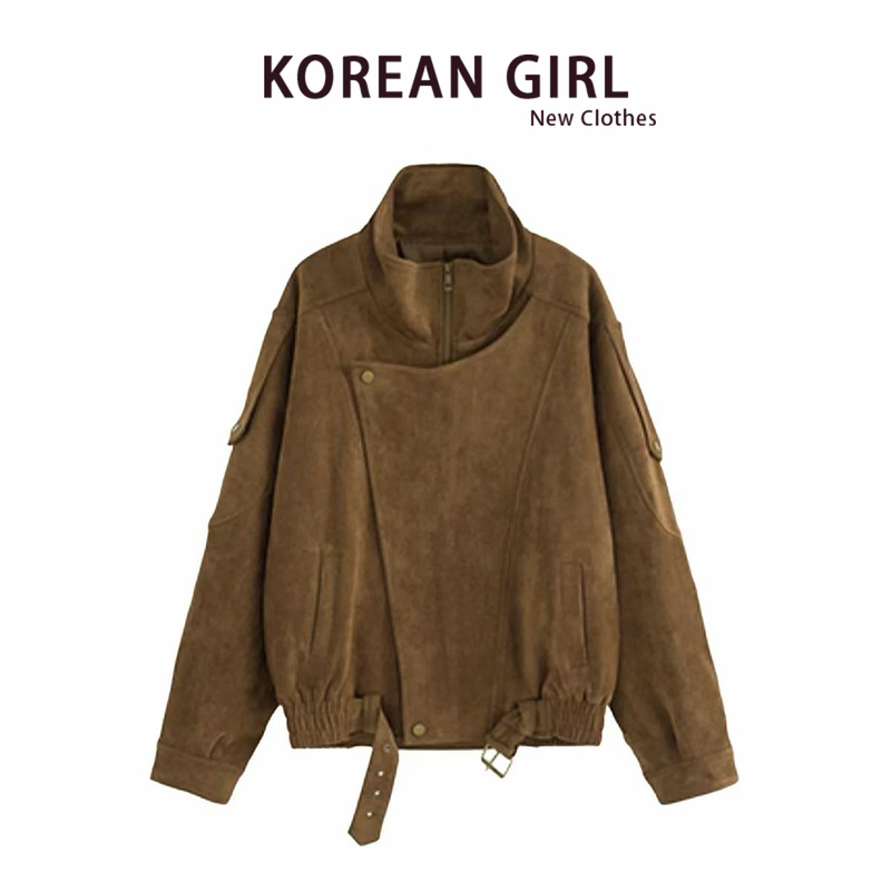 Retro Brown Melard Suede Motorcycle Jacket for Women 2026 Spring & Fall New Loose Workwear Leather Jacket Top