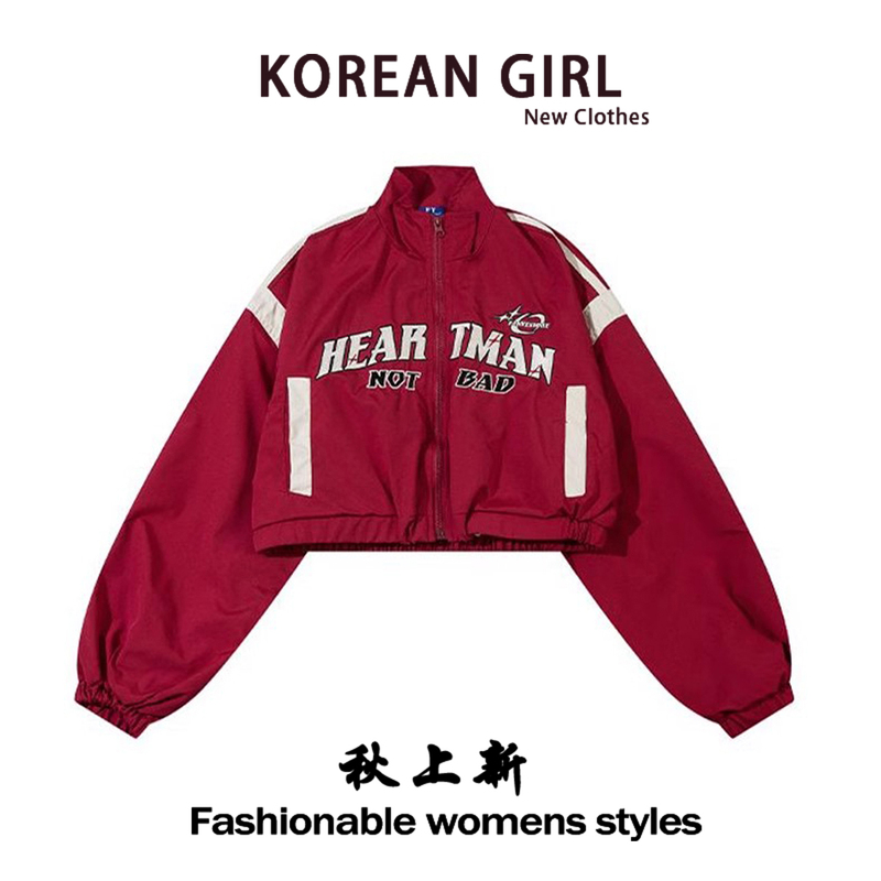 American High Street Style Red Short Trench Coat for Women, Autumn National Trend Brand Design, High-Waisted Biker Baseball Jacket Top