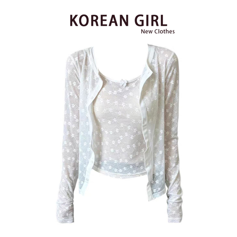 Korean Style Gentle Temperament Floral Lace Jacquard Two-Piece Set for Women, Autumn Slimming Cardigan and Camisole Top Set Korean Style Gentle Temperament Floral Lace Jacquard Two-Piece Set for Women, Autumn Slimming Cardigan and Camisole Top Set