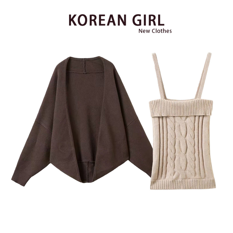 Lazy Style Outfit: Coffee-Colored Knitted Cardigan for Women, Autumn and Winter Cable-Knit Texture Oversized Sweater Coat, Camisole Set