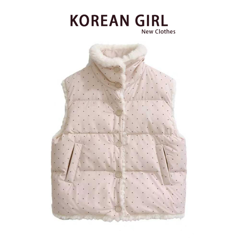 Korean-Style Sweet Pink Polka Dot Vest for Women, Winter Fleece-Lined and Thickened, Reversible Jacket, Sleeveless Vest, Cotton Coat Korean-Style Sweet Pink Polka Dot Vest for Women, Winter Fleece-Lined and Thickened, Reversible Jacket, Sleeveless Vest, Cotton Coat