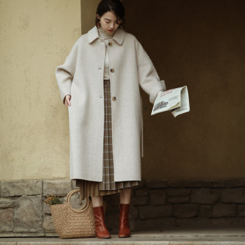 百分百澳洲纯羊毛手工双面呢大衣法式复古中长款翻领呢子羊绒外套