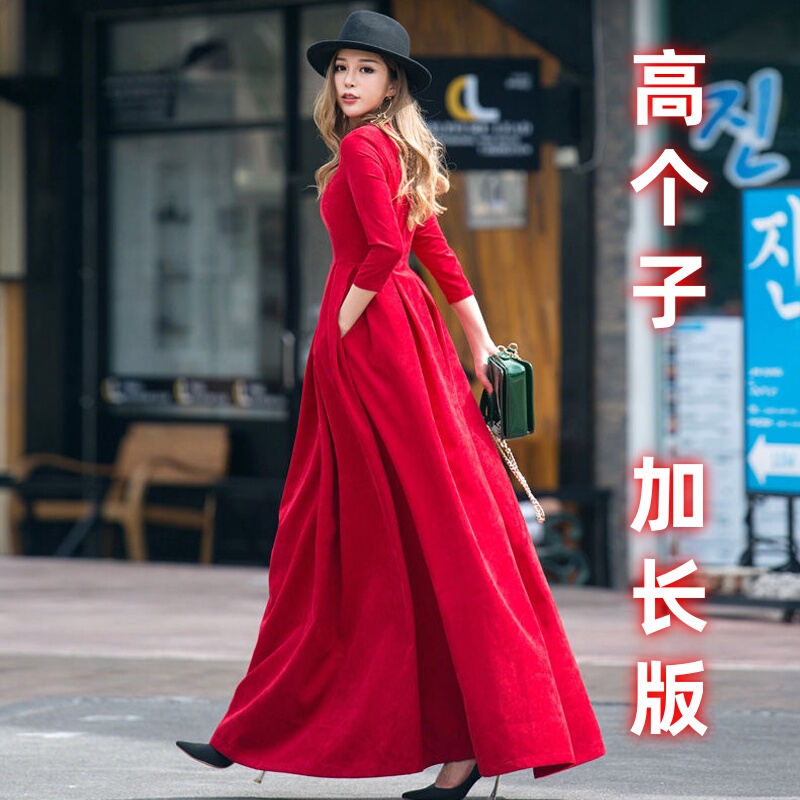 Long-Sleeved Dress for Slightly Chubby Figures, Suitable for Important Occasions, French Style, Slimming, for Tall People, Extra-Long, Extended to Ankle Length, Floor-Length
