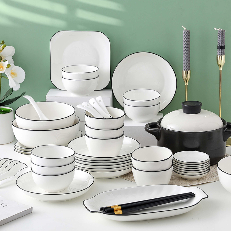 Ten-Person Bowl and Plate Household Tableware Set 2026 Underglaze Color Rice Plate Chopsticks Ceramic Modern Simple Housewarming Anti-Scald Bone China