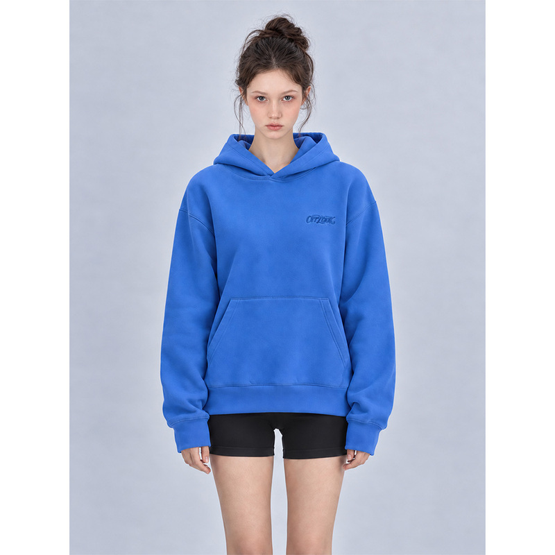 Off Look Blue Fleece-Lined Hooded Sweatshirt, Autumn Basic Trendy Embroidered Logo Classic Long-Sleeved Top Off Look Blue Fleece-Lined Hooded Sweatshirt, Autumn Basic Trendy Embroidered Logo Classic Long-Sleeved Top