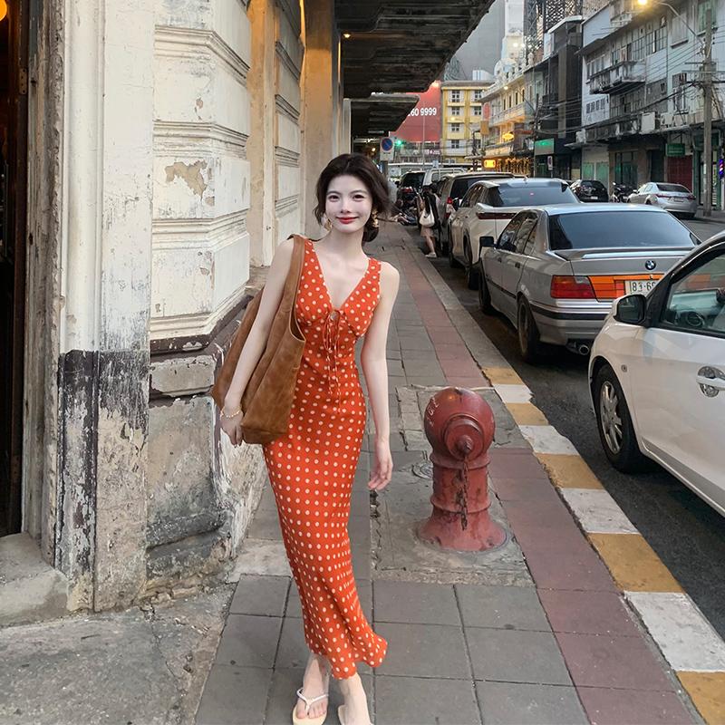 Rosselora【Champs-Élysées】Original Design Orange Bias-Cut Polka Dot Dress Niche Design Long Dress