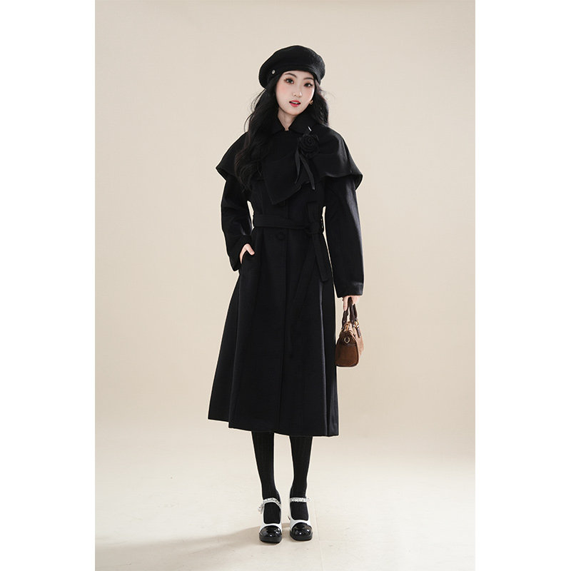 Coco Forest Overseas Heiress Black Wool Coat, Thick Winter Cape, Shawl, Two-Piece Set