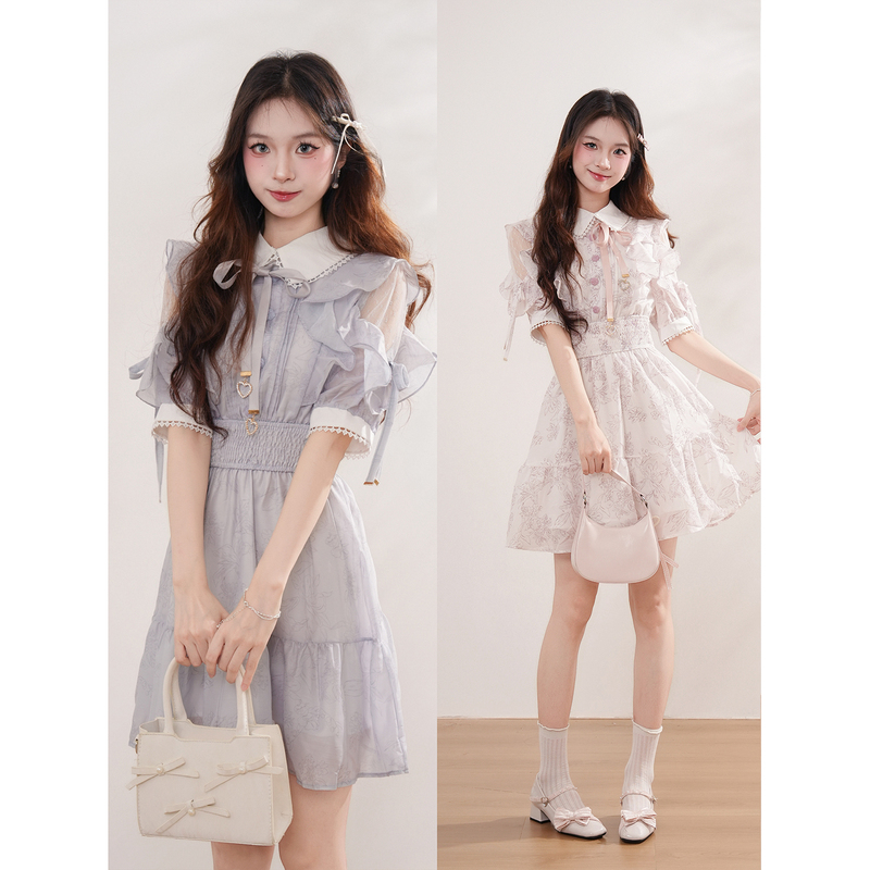 Coco Forest Sweet and Fresh Style Ruffled Floral Dress for Women, Summer Japanese Style Gentle Waist-Cinching Short Dress