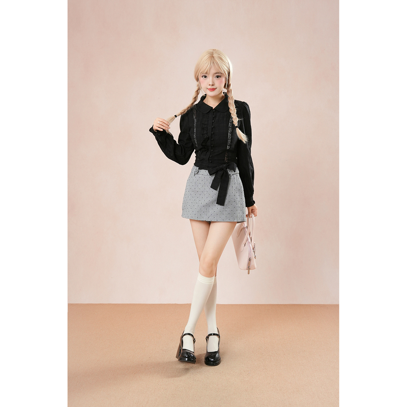 Coco Forest Miu Miu Style Petite Outfit: a Complete Set of Long-Sleeved Shirt and Short Skirt Winter Suit Two-Piece Set