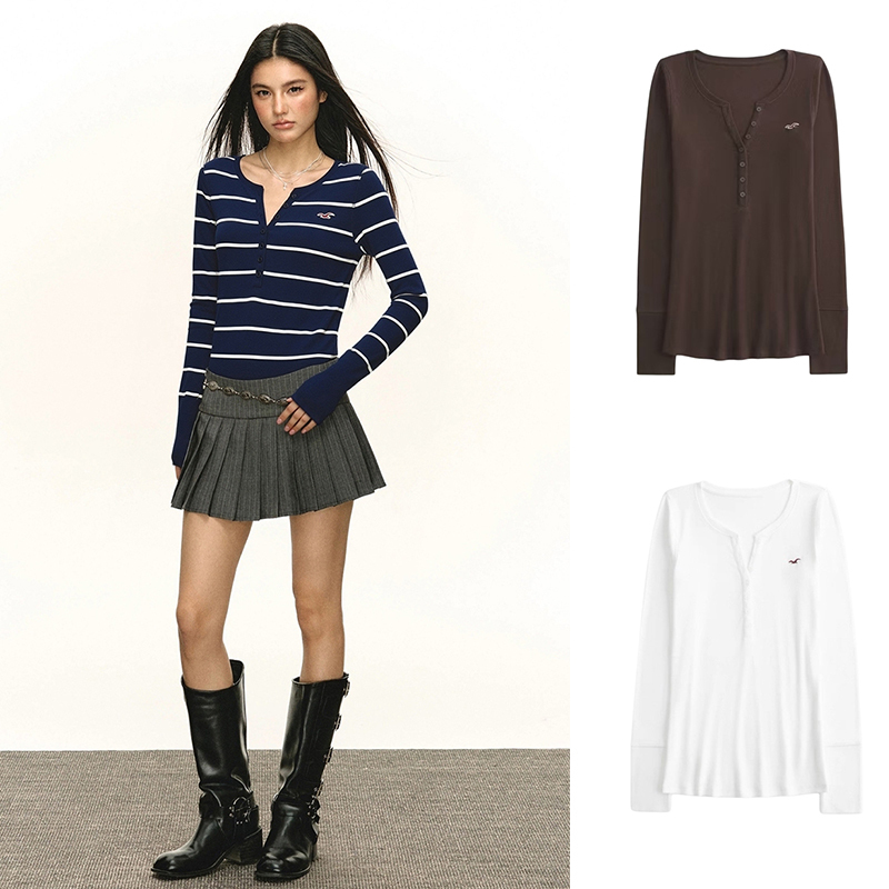 Little Seagull American Retro V-Neck Henry Knit Sweater with Blue Stripes, Slim Fit, Logo Base Shirt for Women Little Seagull American Retro V-Neck Henry Knit Sweater with Blue Stripes, Slim Fit, Logo Base Shirt for Women