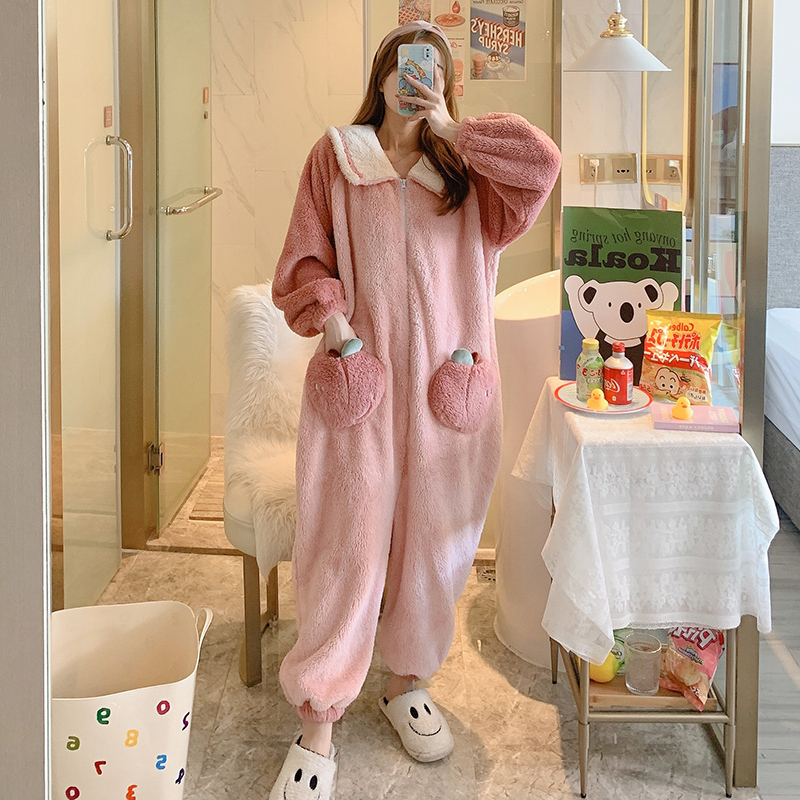 Cute Peach One-Piece Pajamas for Women, Winter Coral Velvet Thickeneded Flannel Home Clothes, Autumn and Winter Plush Suits