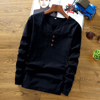 Của nam giới XL Trung Quốc phong cách của nam giới linen chất liệu new T-Shirt retro quần áo cotton linen dài tay màu rắn t 桖 Áo phông dài