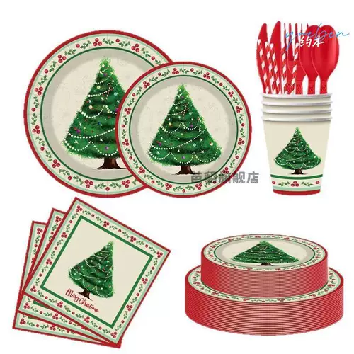Рождественская посуда для рождественской вечеринки, семейная вечеринка, обеденная тарелка, бумажное полотенце, чашка, украшения, принадлежности