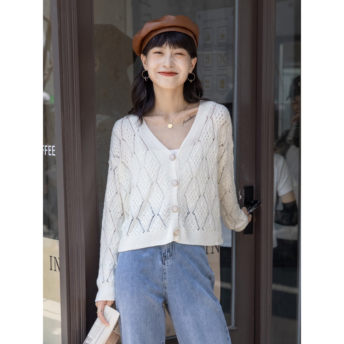 Autumn thin crochet knitted cardigan white gentle women's new loose and thin coat with suspenders