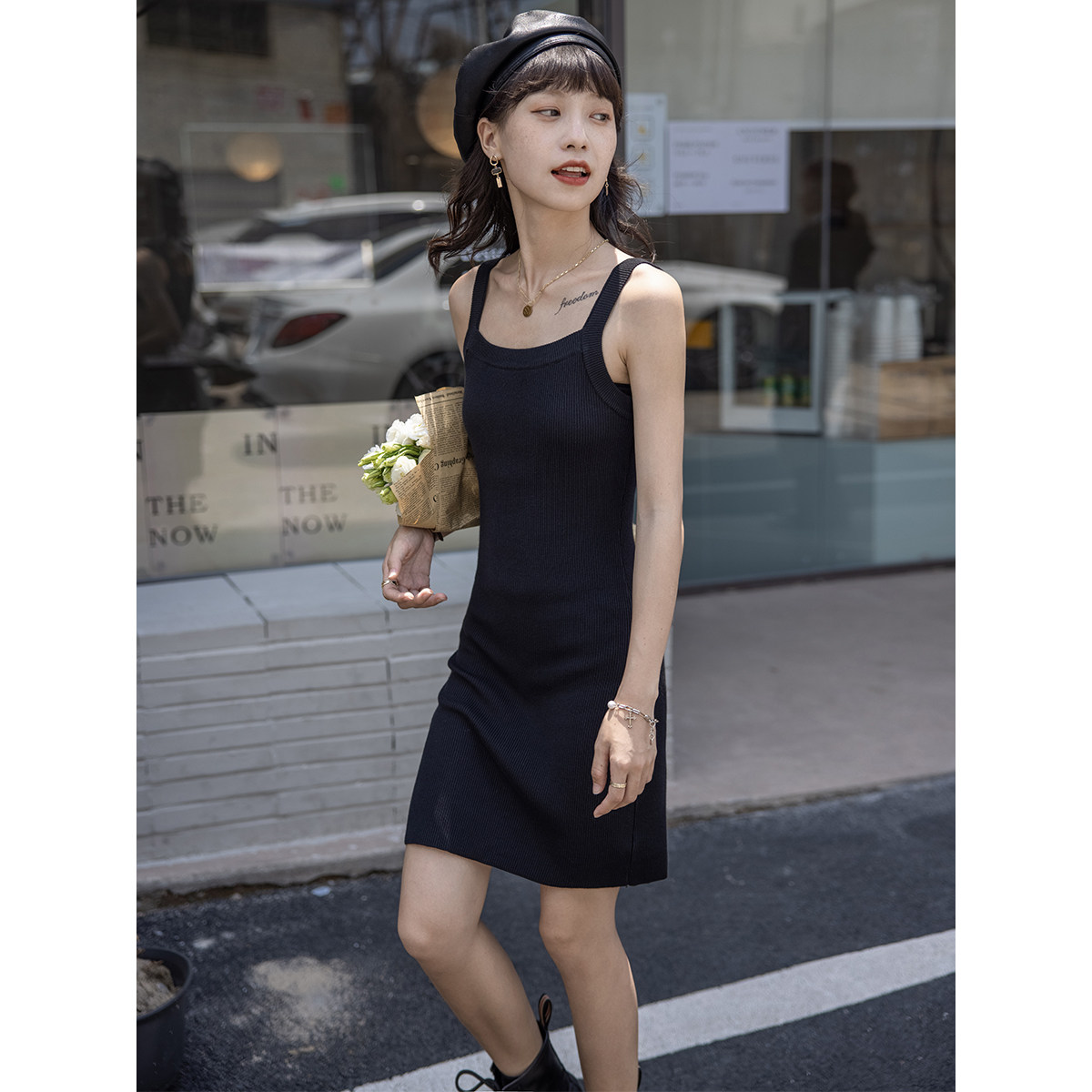 Little black dress suspender skirt spring and autumn knitted slim slim vest skirt bag hip short dress bottoming skirt women