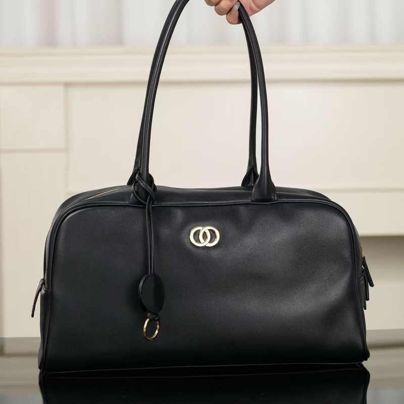 26S Black Bowling Bag Retro Tote Bag Plain Leather Large Capacity Women's Bag Versatile Trendy Bag for Commuting